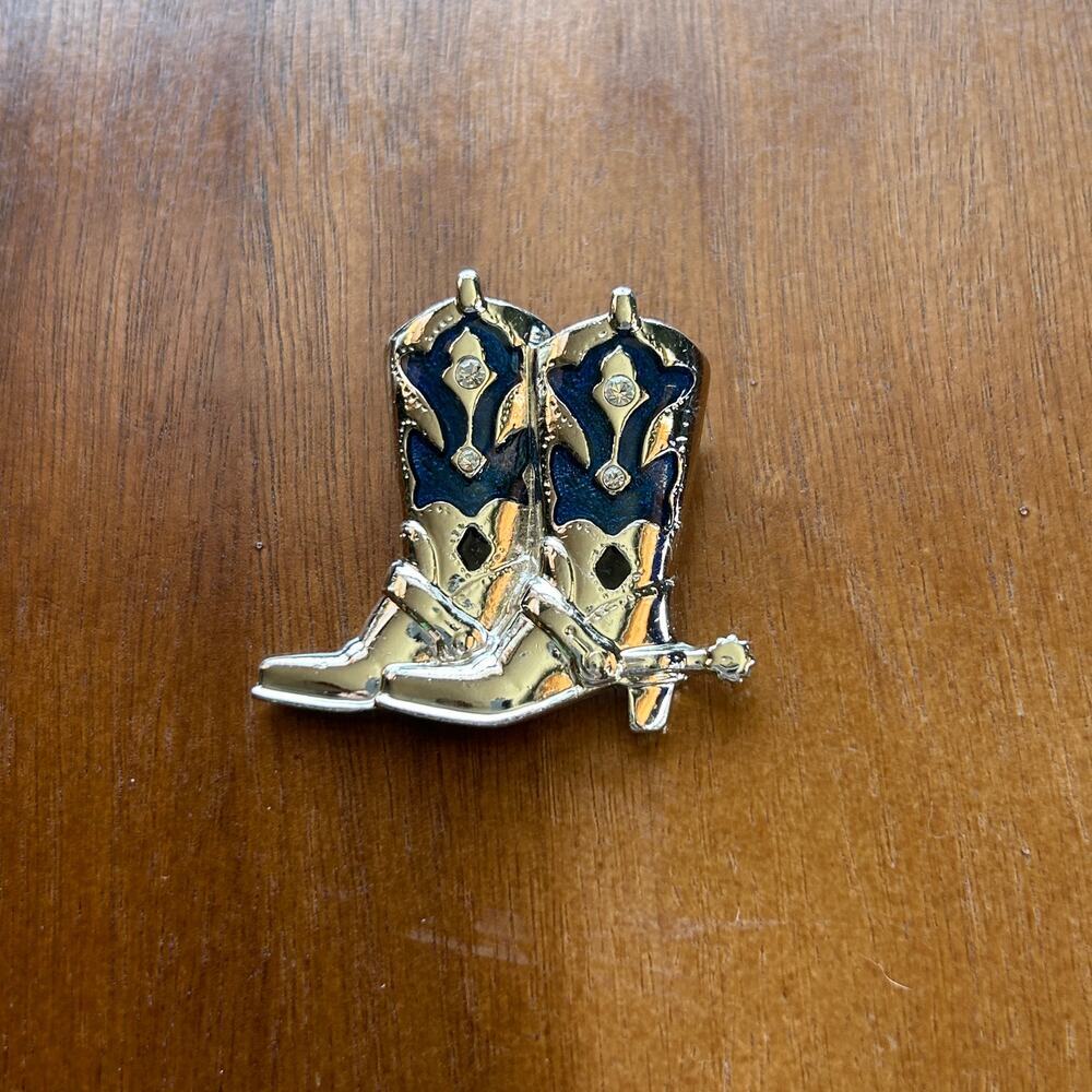 Vintage Silver Tone Cowboy Boots Brooch | Blue Enamel & Rhinestone Western Pin